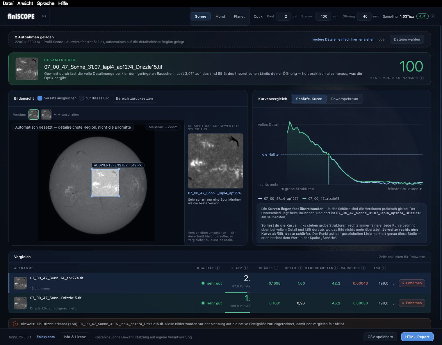 finiSCOPE – Programmoberfläche mit Sonnenaufnahme, Schärfe-Kurve und Vergleichstabelle